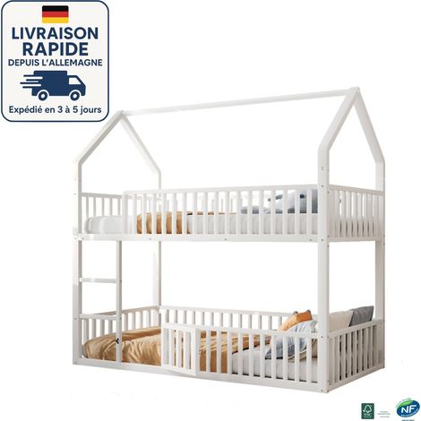 MODFU - Letto a castello in metallo 90×200cm, letto per bambini per adolescenti, design a forma di casa, anticaduta, senza materasso, bianco (1/5)