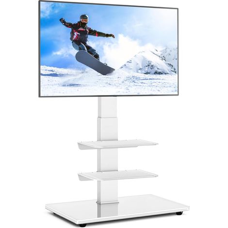 Universel Support TV sur Pied pour 32-70 Pouces Téléviseurs Plats LED OLED LCD, Pivotant Hauteur Réglable jusqu'à 50 kg avec Piédestal en Verre Trempé, Max VESA 400x400mm, Blanc