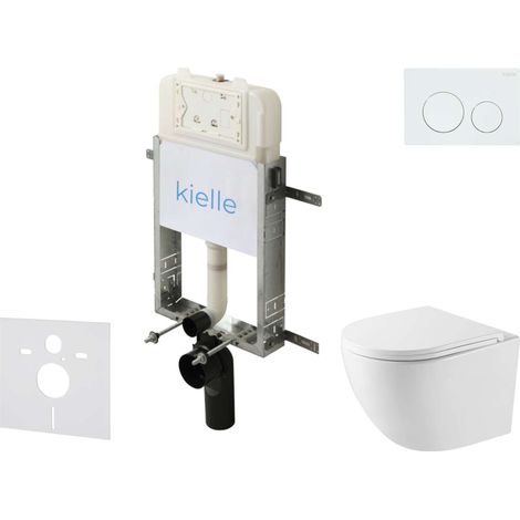 kielle Genesis New - Conjunto de instalación empotrada, inodoro compacto Oudee, Vortex Rimless+, asiento con cierre suave y pulsador Gemini New I, blanco brillante 30528SZ37