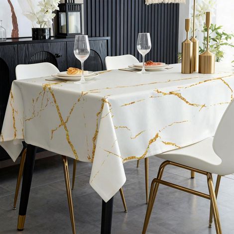 Tischdecke 100x140 cm rechteckig, abwaschbar, Leinenoptik, Marmor Gold
