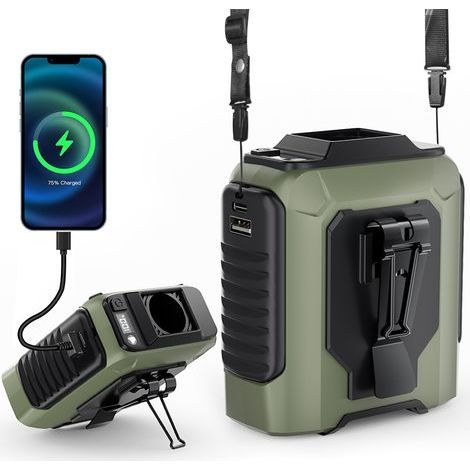 Portable personal fan with 3 speeds, quiet, for the neck, ideal for camping and travel, LED display, rechargeable 4000 mAh (dark green) (1/5)