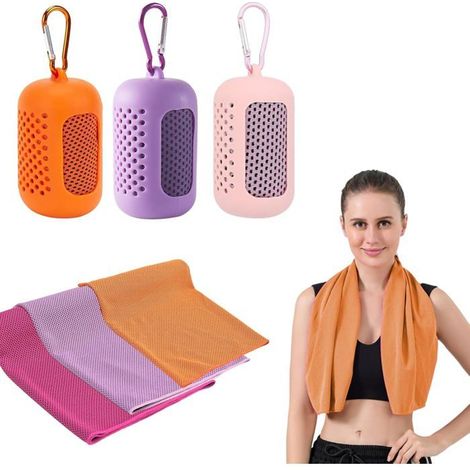 KLVGTIFS PU - 3 PCS serviettes de sport rafraîchissantes en microfibre douce avec manchons en silicone portables,respirantes,Rose-Orange-Voilet (1/5)