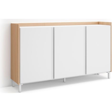 Skraut Home - Credenza, Mobile, Cucina, Madia, mobile ingresso, 156x35x91cm, 3 Porte, Design industriale, LED, Stile moderno, Bianco e Rovere soft (1/5)