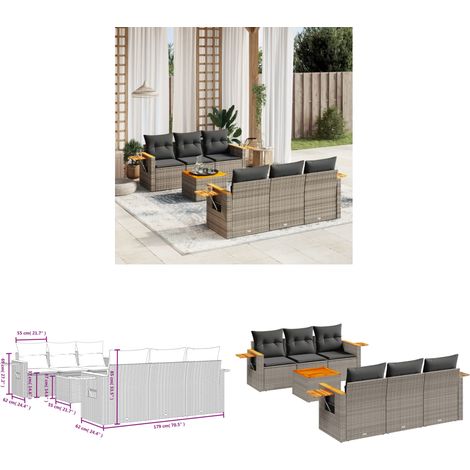 7-tlg. Garten-Sofagarnitur mit Kissen Grau Poly Rattan - Gartenmöbel Set - PE-Rattan Möbel - Outdoor Sofa - Lounge Set - Esszimmergarnitur - Home & Living (1/3)