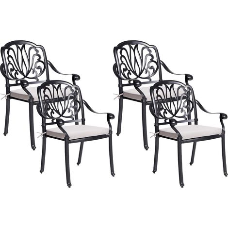 Set di 4 Sedie da Giardino Vintage in Alluminio Nero con Cuscini Ancona