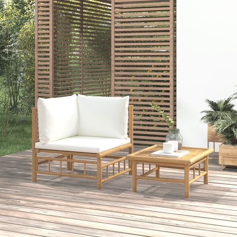 2 pcs Salon de jardin, Ensemble table et chaises de jardin, Meuble de jardin avec coussins blanc crème bambou MKW930515 (1/5)
