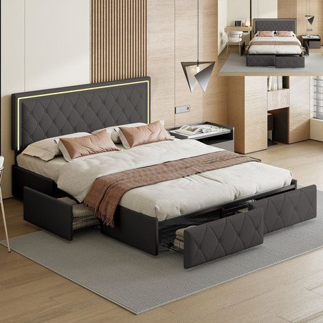 Bett 140x200 cm zeitgenössisch aus grauem PU mit LED, Lattenrost und 4 Schubladen - Doppelrahmen