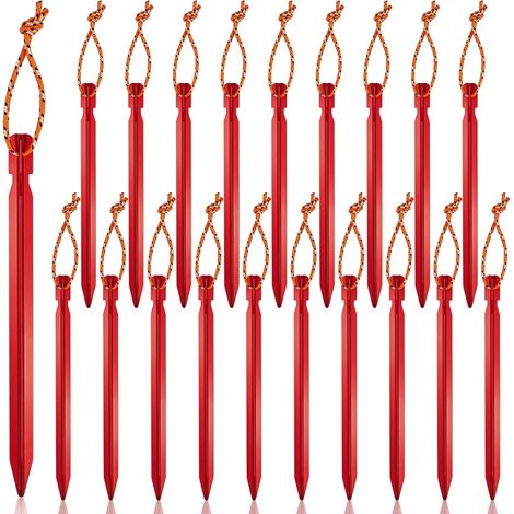 Lot de 20 sardines de tente en aluminium - 18 cm - Résistants aux tempêtes - Avec corde - Piquets de tente - Pour camping et jardin (rouge) (1/5)
