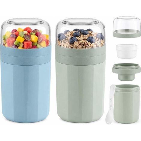Set di 2 tazze da muesli con forchetta e cucchiaio, 520 ml + 250 ml (vasetto yogurt da asporto), a prova di perdite, con contenitore per salse, ideali per colazione, lavoro, scuola e picnic, verde e b (1/5)