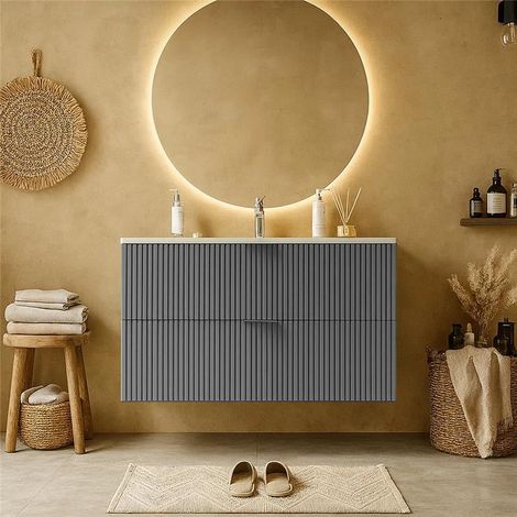 Exagonshop Mobile bagno cannettato 82x47 grigio opaco lavabo in
