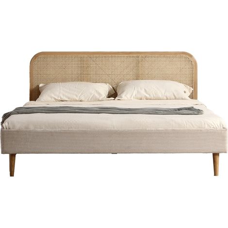 Homifab – Lit adulte 140x190 cm en velours côtelé beige – Tête de lit en cannage naturel – Structure en frêne massif – Sommier 24 lattes inclus (1/5)