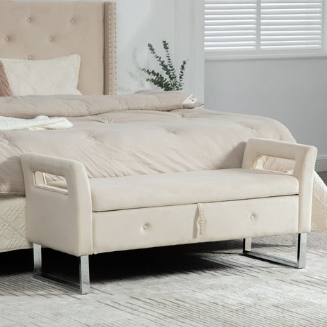 Pouf Coffre de Rangement en Velours avec Accoudoirs Tabouret Bout de Lit Assise Rembourrée pour Salon Chambre Beige (1/5)