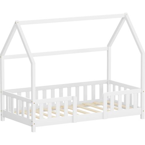 ML-Design Letto a Casetta per Bambini 80x160 cm, Bianco, con Protezione Anticaduta, Tetto e Rete a Doghe, Struttura Montessori in Legno Massello di Pino, Letto Singolo a Terra per Ragazzi