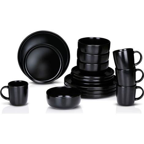 Schwarzes Keramik-Frühstücksservice, 16 Stück