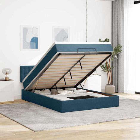 Estructura de cama otomana con colchón terciopelo azul oscuro