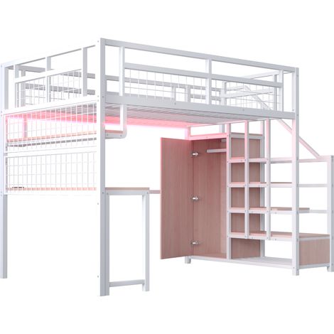 Lit mezzanine en métal 140 x 200 cm avec échelle de rangement et armoire simple, avec étagère, table et casier grillagé, avec bande lumineuse et prise, blanc, ancienne SKU LDB00433AAK (1/5)