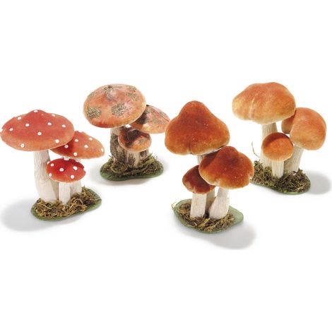 Trio de champignons décoratifs artificiels en papier et tissu, cœur polystyrène, pour vitrines d'automne, lot de 4, 10,5 x 7,5 x H. 15 cm