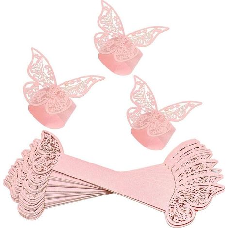Lot de 50 Ronds de Serviette Creux en Papier Papillon réfléchissant Brillant pour Mariage, Banquet, dîner, décoration de Table (Rose)