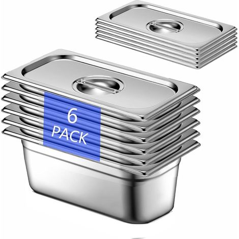 Lot de 6 Plat Inox avec Couvercle, GN 1/3 Bac avec Couvercle, 32,5 x 17,5 x 10 cm Bac Alimentaire Inox pour des Fours à Convection, des Chafing Dishes, des Réfrigérateurs (1/5)