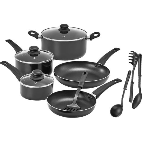 Batterie de cuisine, 12 pièces avec ustensiles, antiadhésifs, sans PFOA, surface de cuisson résistante aux rayures, compatible avec toutes les cuisinières, nylon et aluminium, noir