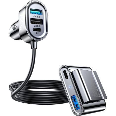 72W Prise Allume Cigare USB 5 Ports, Chargeur Voiture USB C avec Extension de 1.5M pour Le Chargement du Siège Arrière, Adaptateur Allume Cigare USB Charge Rapide pour iPhone Galaxy Huawei iPad, etc. (1/5)