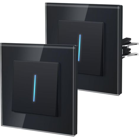 Interrupteur va-et-vient, Interrupteur Mural Connexion rapide, Borne à encliquetage, Interrupteur Avec Voyant Lumineux, Verre,1 Gang 2 Voie - 2 Paquets,86mm Noir (1/5)