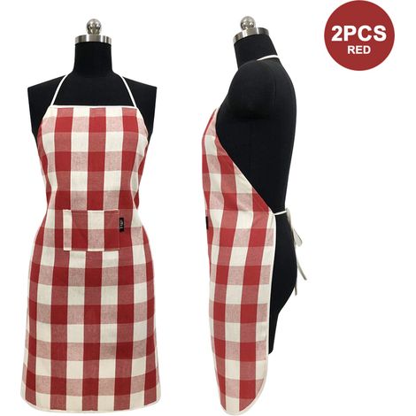 Tablier de cuisine 2 pcs en coton polyester à carreaux classiques avec grande poche avant réglable pour homme et femme (1/5)