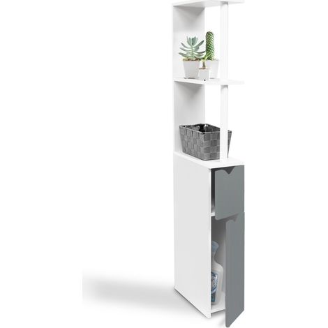 Idmarket – Meuble pour WC 2 portes blanc et gris – Dimensions 15,2x29,8x118 cm – Panneaux de particules – Rangement compact pour petits espaces