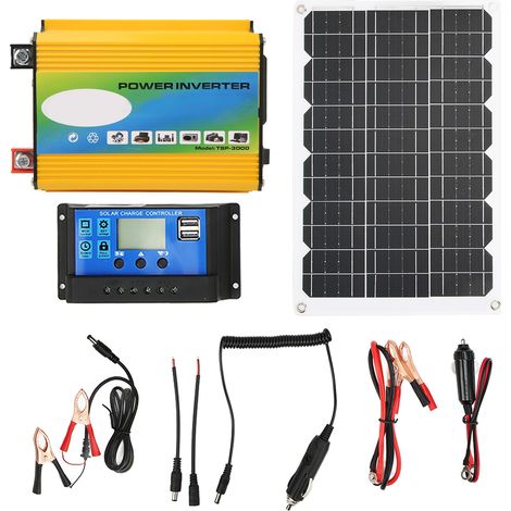 Kit solaire portable 18W 18V jaune avec panneau solaire, contrôleur de charge 30A 12V/24V, onduleur double USB 12V à 110V (1/5)