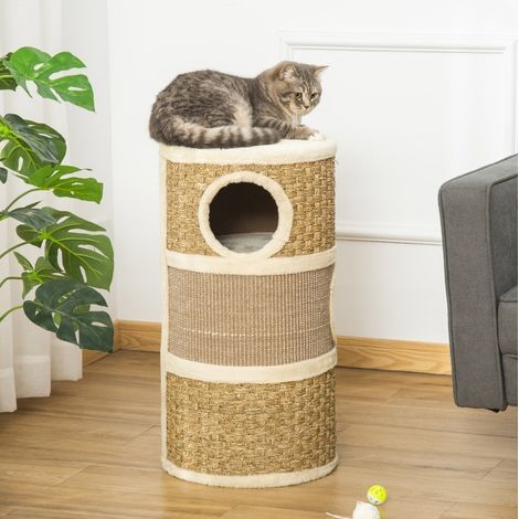Rascador para gatos de 3 niveles con sisal y felpa 37,5 x 37,5 x 70 cm OKWISH (1/5)