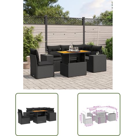 The Living Store Salon de jardin 6 pcs avec coussins noir résine tressée - Ensemble Salon Jardin - Meuble Extérieur - Résine Tressée - Rotin Synthétique - Table Extensible (1/3)