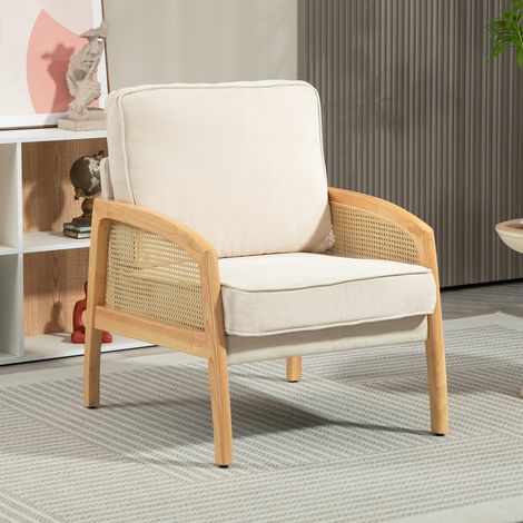 Butaca de Estilo Moderno con Apoyabrazos de Ratán Sintético Asiento de Espuma y Cojín Extraíble 67x75x88 cm Beige (1/5)