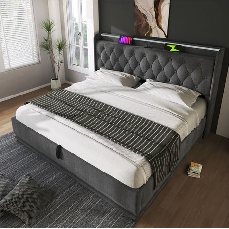 Cama doble con LED 360 y carga USB C gris OKMYHOME (1/5)