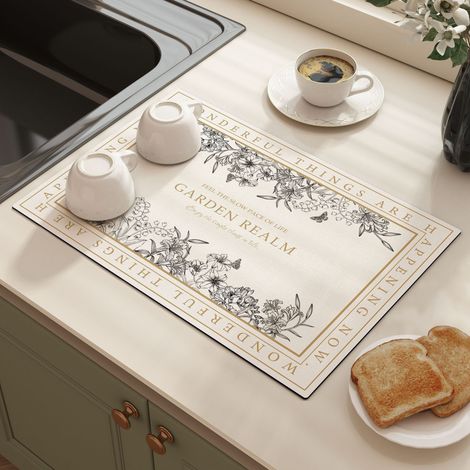 Tapis absorbant et antidérapant pour cuisine – Tapis d’égouttage lavable, résistant aux taches et isolant thermique, idéal sous assiettes ou sur plan de travail (Modèle Jardin enchanté, carré 40 x 50