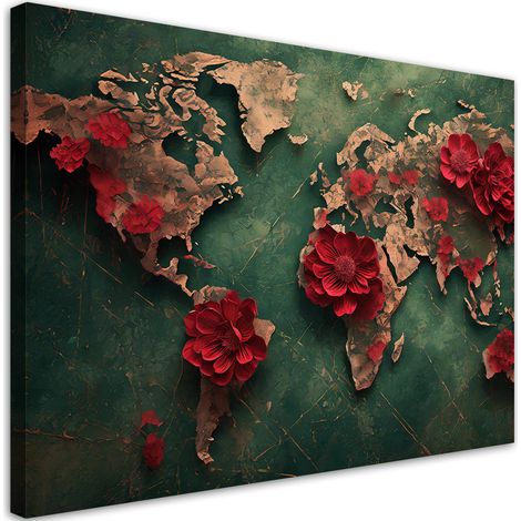 Tableau déco Carte du monde fleurs roses 90x60 (1/5)