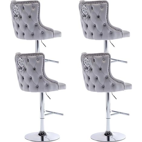Wahson Tabouret de Bar en Velours, Chaise de Bar Lot de 4 avec Dossier, Chaise Bar Velours avec Repose-Pieds, Chaise Haute Bar pour Bar/Cuisine, Gris (1/5)