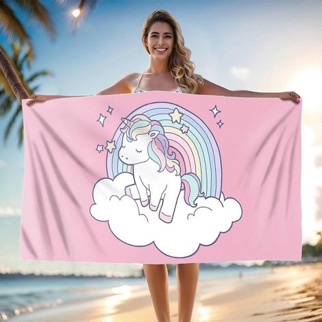 Serviette de plage licorne pour enfants 160x180cm en microfibre, sans sable, séchage rapide, rose arc-en-ciel