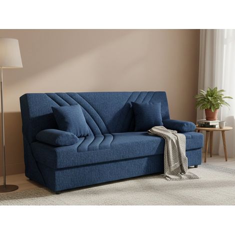Dmora - Sofá cama Dmalama, Sofá cama contenedor de 3 plazas con 2 cojines incluidos, Sofá de salón en tela acolchada con apertura clic-clac, 181x81h88 cm, Azul (1/5)