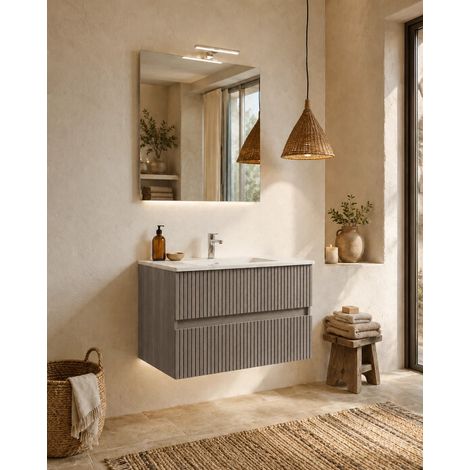 Mobile bagno 80x46 Panama cannettato rovere grigio con lavabo e specchio (1/5)