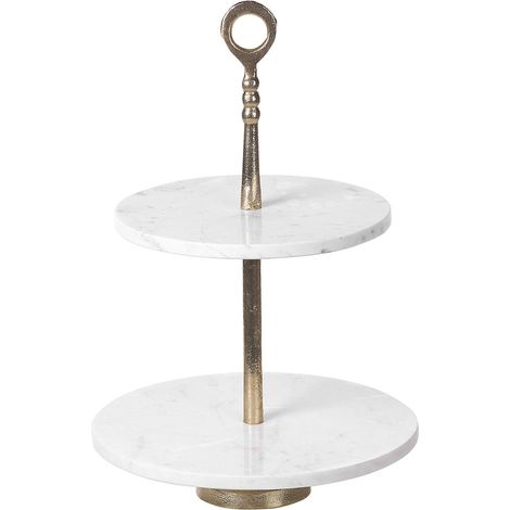 Présentoir de Dessert à 2 Étages en Aluminium Marbre Doré et Blanc Tarum (1/5)