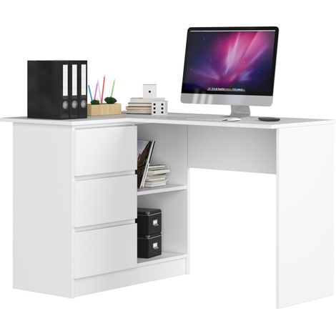 Akord – Bureau d'angle gauche 124 cm – 3 tiroirs – 2 étagères – Panneau stratifié blanc – Dimensions 124x85x77 cm (1/5)