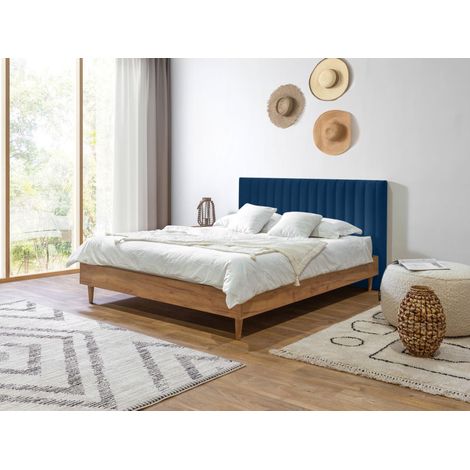 BOBOCHIC - Lit OCEANE tissu velours lattes massives  180x200 Bleu foncé (1/5)