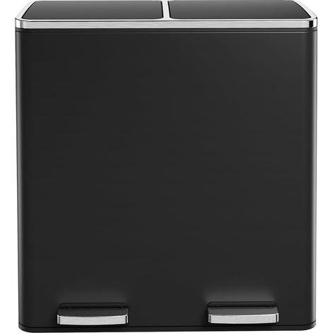 Poubelle Cuisine 60L, Poubelles Tri Sélectif 2 x 30L, en Métal, Double Compartiment avec Pédale, 2 Seaux en Plastique Amovible, Fermeture Silencieuse, Noir (1/5)