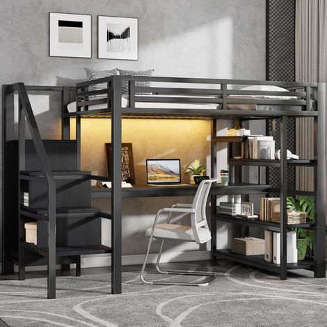 Lit mezzanine 140/200 cm noir en métal et MDF avec bureau, dressing ouvert, escalier de rangement et éclairage (1/5)