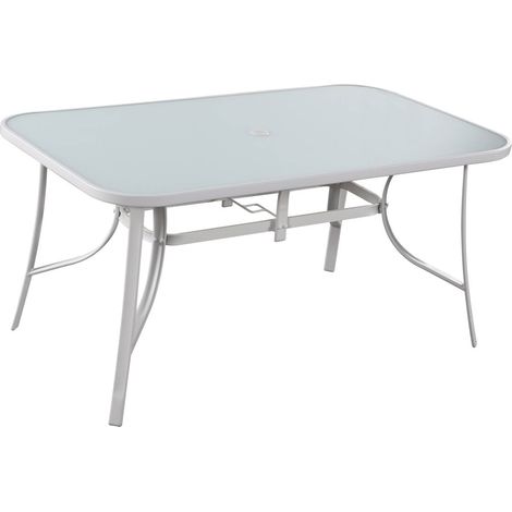 Habitat Et Jardin – Table de jardin en acier blanc – Plateau en verre 150 x 90 cm – 6 places – Traitée anti-UV et anti-rouille (1/4)