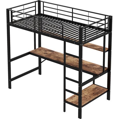 Letto a soppalco 90 x 200 cm in metallo con scrivania, scaffali, LED, USB e presa, nero (1/5)