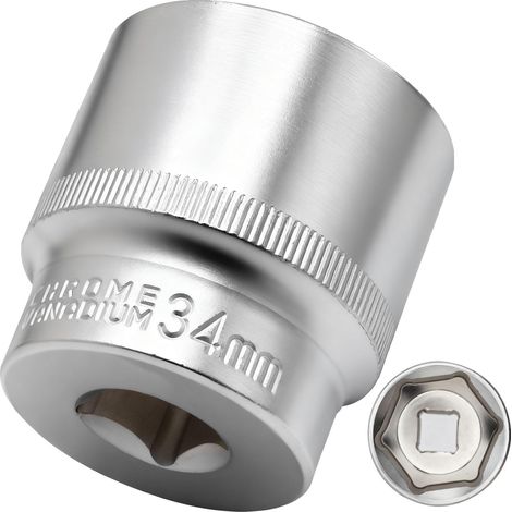 Douille 34 mm 1/2" douille 6 pans, CR-V, finition chromée mate (1/4)