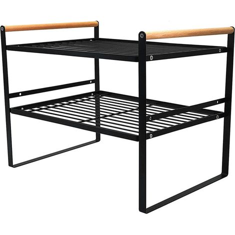 Double Layer Kitchen Storage Rack 2 Tier Non Slip Multifunctional Kitchen Organizer Shelf Black (1/5)