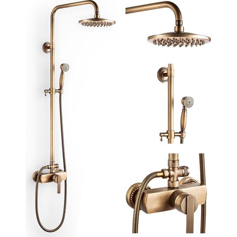 Colonne de Douche Rétro avec Mitigeur Ensemble de Douche Laiton Antique Système de Douche Mural Mitigeur de Douche Set Réglable Hauteur 70 à 120 cm, avec Douchette et Pommeau de Douche 8'' (1/5)