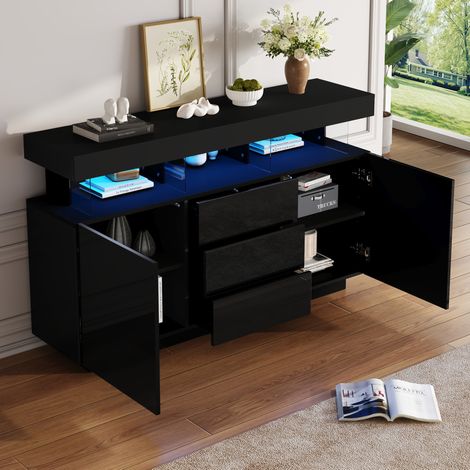 Aparador moderno 140 x 35 x 80 cm con LED, 3 cajones, 2 puertas, negro HAVRYA (1/5)